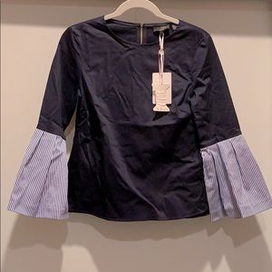 Ted Baker Navy Blouse with Striped Flared Sleeve